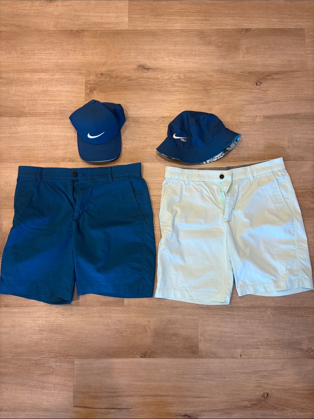 Four (4) Nike Golf Bundle. Marina Blue Shorts, Cap & Bucket Hat Mint Foam shorts